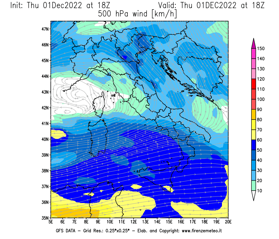 Mappa di analisi GFS - Velocità del vento a 500 hPa [km/h] in Italia
							del 01/12/2022 18 <!--googleoff: index-->UTC<!--googleon: index-->