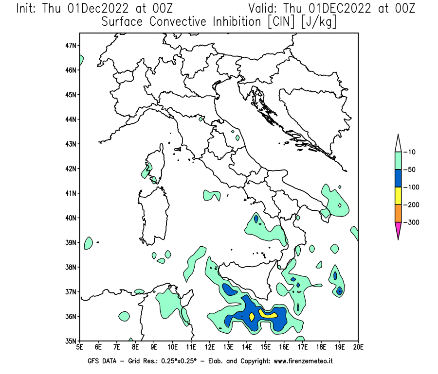 Mappa di analisi GFS - CIN [J/kg] in Italia
							del 01/12/2022 00 <!--googleoff: index-->UTC<!--googleon: index-->