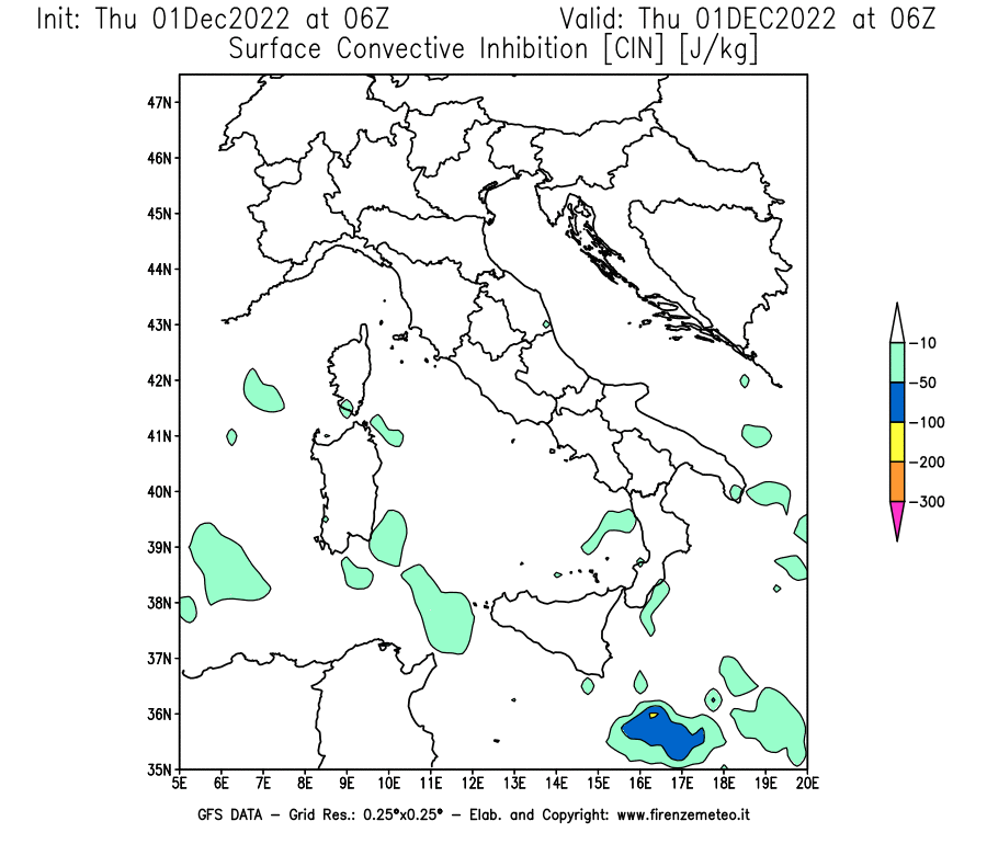 Mappa di analisi GFS - CIN [J/kg] in Italia
							del 01/12/2022 06 <!--googleoff: index-->UTC<!--googleon: index-->
