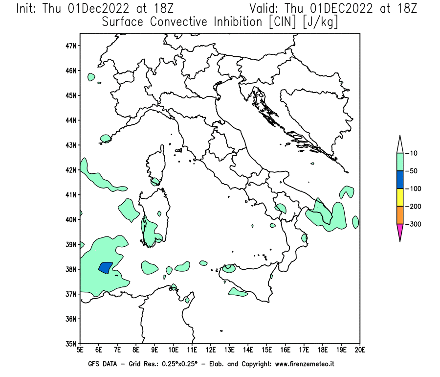 Mappa di analisi GFS - CIN [J/kg] in Italia
							del 01/12/2022 18 <!--googleoff: index-->UTC<!--googleon: index-->