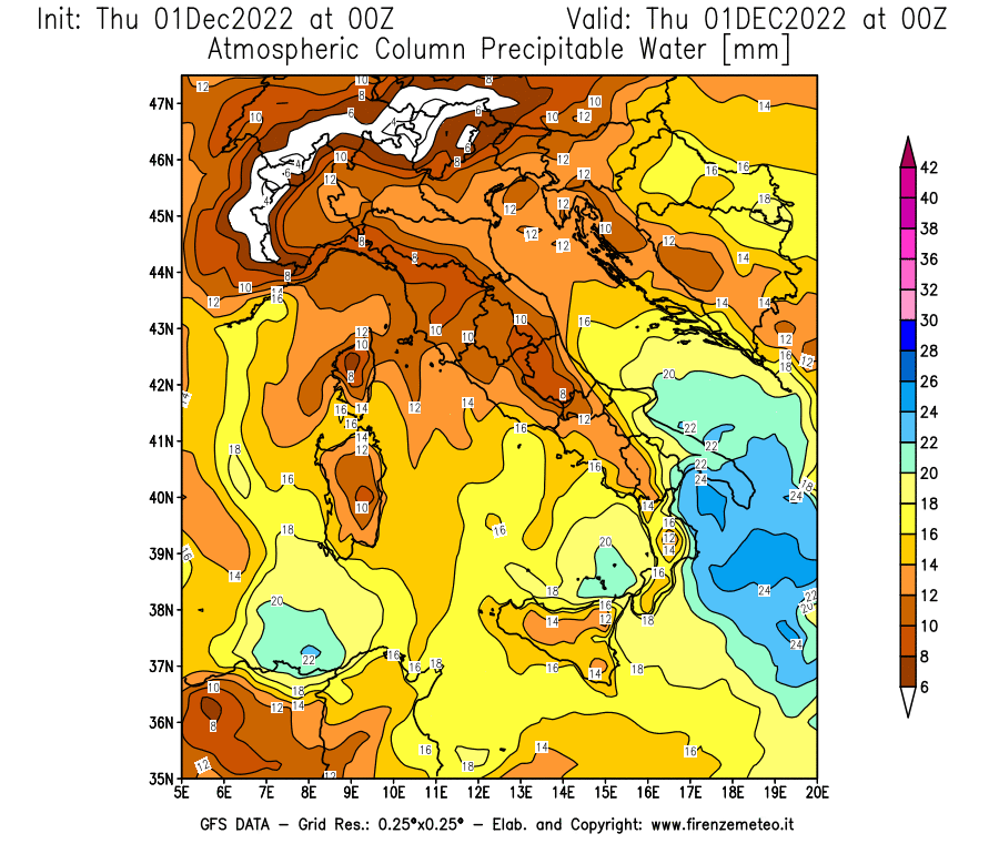 Mappa di analisi GFS - Precipitable Water [mm] in Italia
							del 01/12/2022 00 <!--googleoff: index-->UTC<!--googleon: index-->