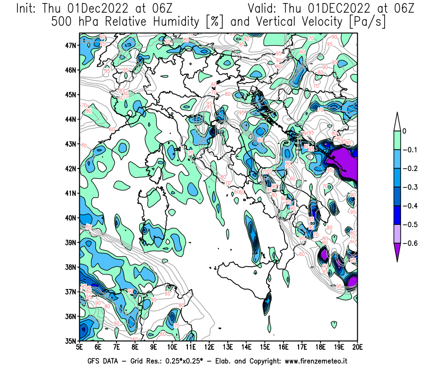 Mappa di analisi GFS - Umidità relativa [%] e Omega [Pa/s] a 500 hPa in Italia
							del 01/12/2022 06 <!--googleoff: index-->UTC<!--googleon: index-->