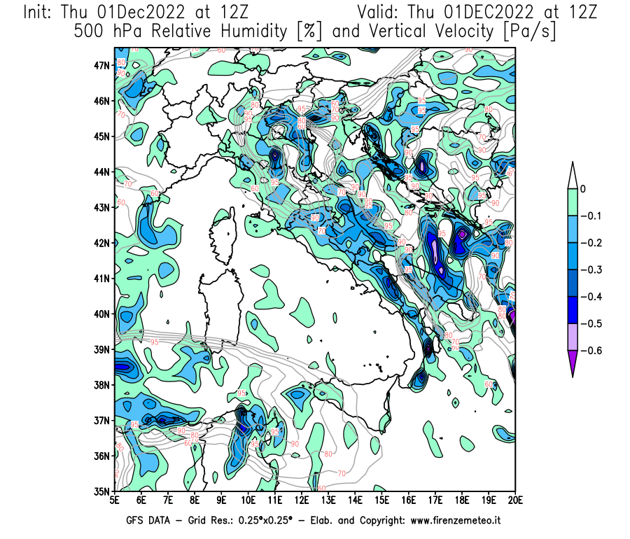 Mappa di analisi GFS - Umidità relativa [%] e Omega [Pa/s] a 500 hPa in Italia
							del 01/12/2022 12 <!--googleoff: index-->UTC<!--googleon: index-->