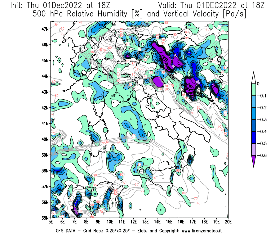 Mappa di analisi GFS - Umidità relativa [%] e Omega [Pa/s] a 500 hPa in Italia
							del 01/12/2022 18 <!--googleoff: index-->UTC<!--googleon: index-->
