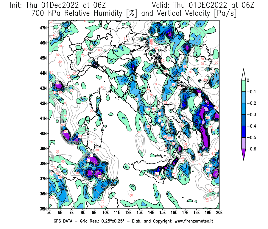Mappa di analisi GFS - Umidità relativa [%] e Omega [Pa/s] a 700 hPa in Italia
							del 01/12/2022 06 <!--googleoff: index-->UTC<!--googleon: index-->
