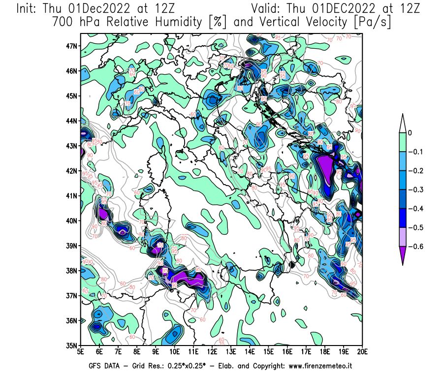 Mappa di analisi GFS - Umidità relativa [%] e Omega [Pa/s] a 700 hPa in Italia
							del 01/12/2022 12 <!--googleoff: index-->UTC<!--googleon: index-->