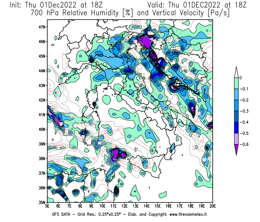 Mappa di analisi GFS - Umidità relativa [%] e Omega [Pa/s] a 700 hPa in Italia
							del 01/12/2022 18 <!--googleoff: index-->UTC<!--googleon: index-->