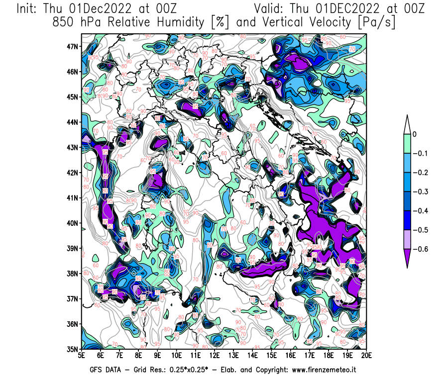 Mappa di analisi GFS - Umidità relativa [%] e Omega [Pa/s] a 850 hPa in Italia
							del 01/12/2022 00 <!--googleoff: index-->UTC<!--googleon: index-->