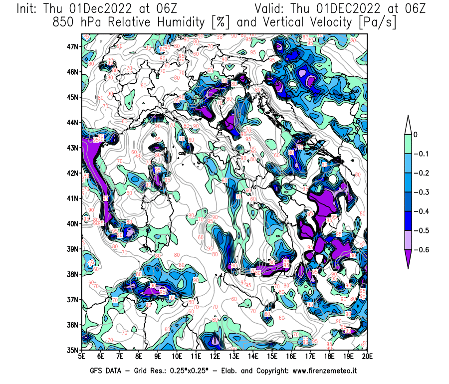 Mappa di analisi GFS - Umidità relativa [%] e Omega [Pa/s] a 850 hPa in Italia
							del 01/12/2022 06 <!--googleoff: index-->UTC<!--googleon: index-->