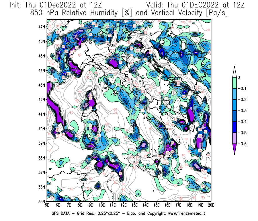 Mappa di analisi GFS - Umidità relativa [%] e Omega [Pa/s] a 850 hPa in Italia
							del 01/12/2022 12 <!--googleoff: index-->UTC<!--googleon: index-->