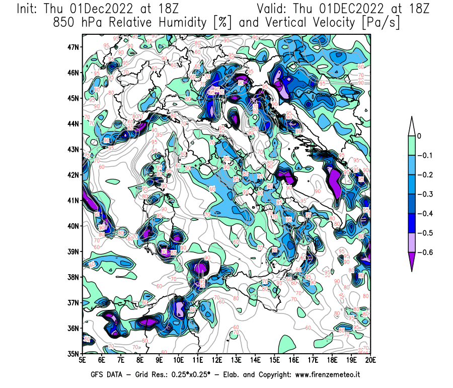 Mappa di analisi GFS - Umidità relativa [%] e Omega [Pa/s] a 850 hPa in Italia
							del 01/12/2022 18 <!--googleoff: index-->UTC<!--googleon: index-->
