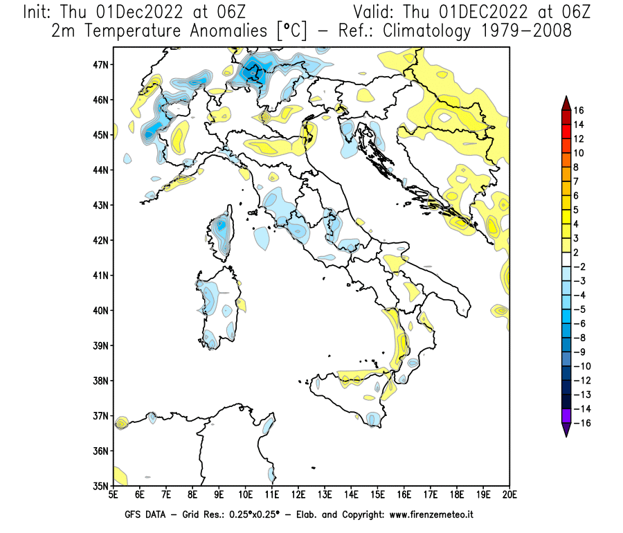 Mappa di analisi GFS - Anomalia Temperatura [°C] a 2 m in Italia
							del 01/12/2022 06 <!--googleoff: index-->UTC<!--googleon: index-->