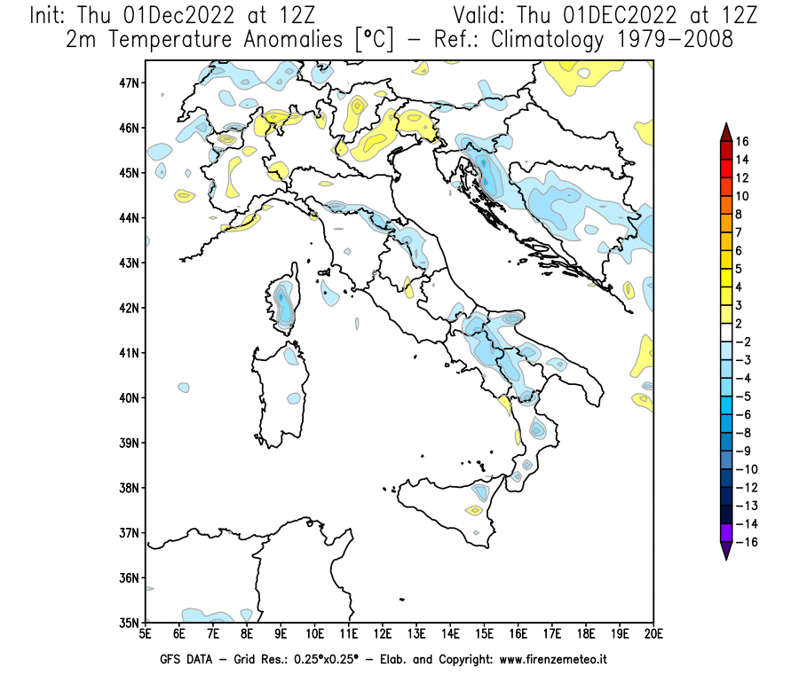Mappa di analisi GFS - Anomalia Temperatura [°C] a 2 m in Italia
							del 01/12/2022 12 <!--googleoff: index-->UTC<!--googleon: index-->