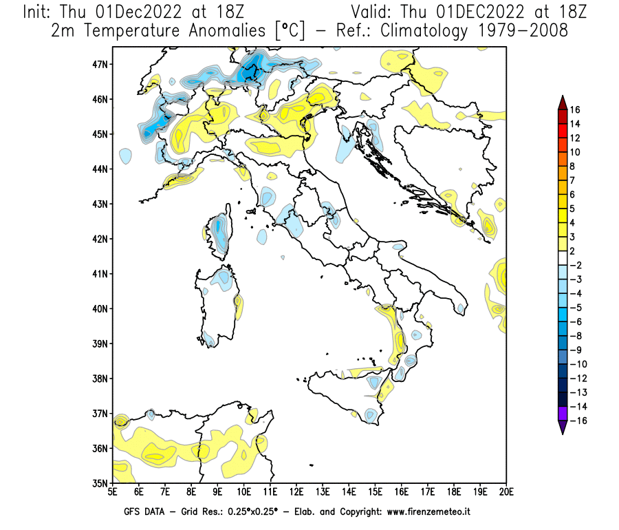 Mappa di analisi GFS - Anomalia Temperatura [°C] a 2 m in Italia
							del 01/12/2022 18 <!--googleoff: index-->UTC<!--googleon: index-->