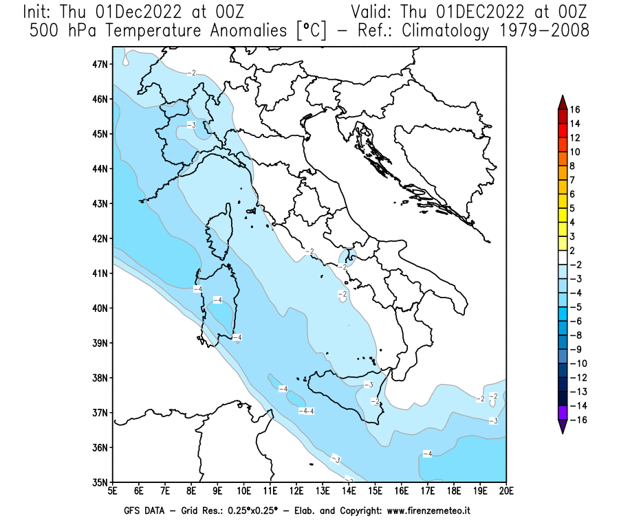 Mappa di analisi GFS - Anomalia Temperatura [°C] a 500 hPa in Italia
							del 01/12/2022 00 <!--googleoff: index-->UTC<!--googleon: index-->