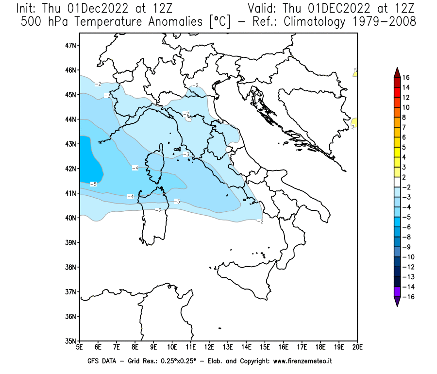 Mappa di analisi GFS - Anomalia Temperatura [°C] a 500 hPa in Italia
							del 01/12/2022 12 <!--googleoff: index-->UTC<!--googleon: index-->
