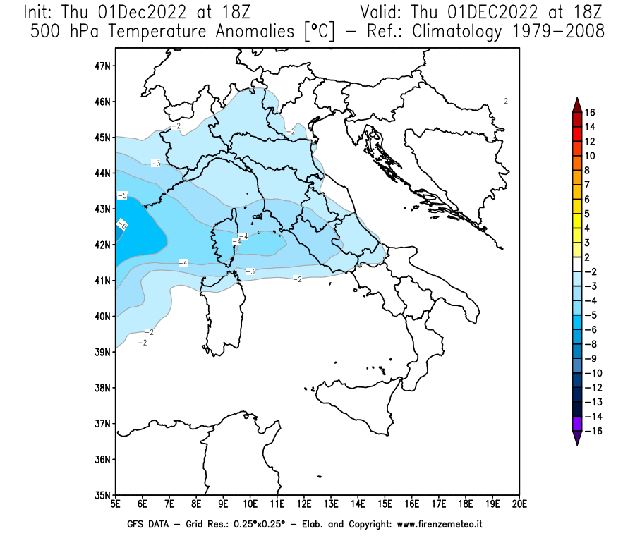 Mappa di analisi GFS - Anomalia Temperatura [°C] a 500 hPa in Italia
							del 01/12/2022 18 <!--googleoff: index-->UTC<!--googleon: index-->