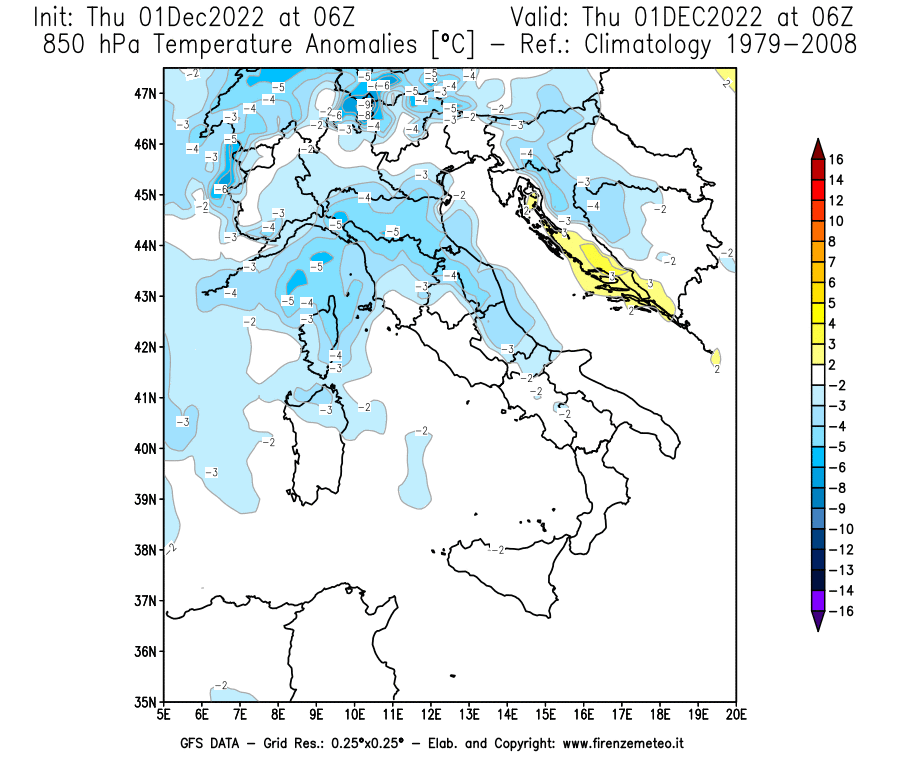 Mappa di analisi GFS - Anomalia Temperatura [°C] a 850 hPa in Italia
							del 01/12/2022 06 <!--googleoff: index-->UTC<!--googleon: index-->