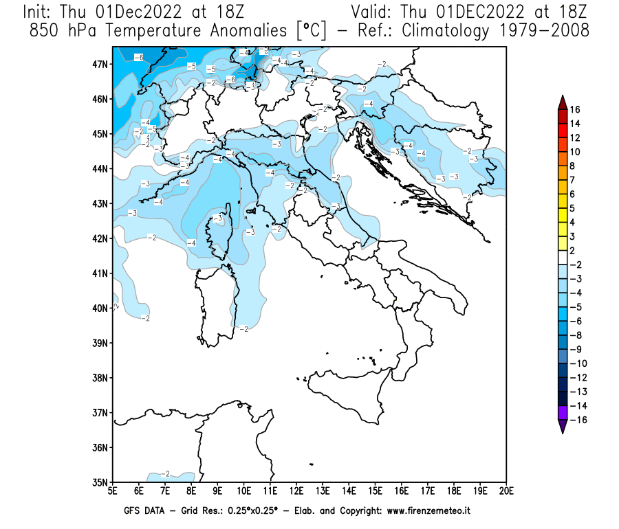Mappa di analisi GFS - Anomalia Temperatura [°C] a 850 hPa in Italia
							del 01/12/2022 18 <!--googleoff: index-->UTC<!--googleon: index-->