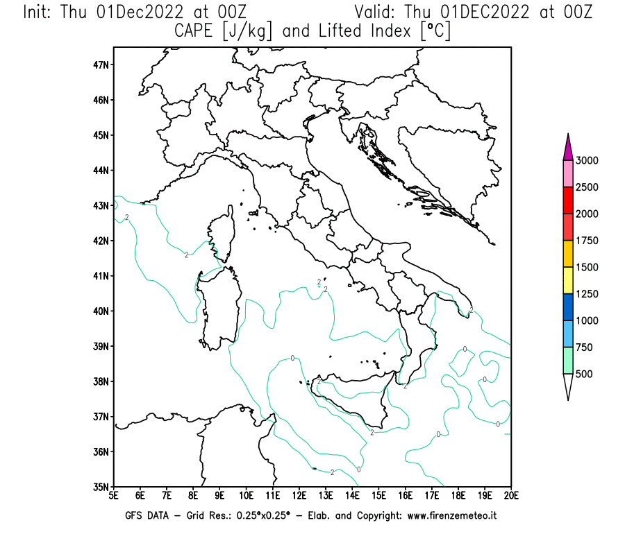 Mappa di analisi GFS - CAPE [J/kg] e Lifted Index [°C] in Italia
							del 01/12/2022 00 <!--googleoff: index-->UTC<!--googleon: index-->