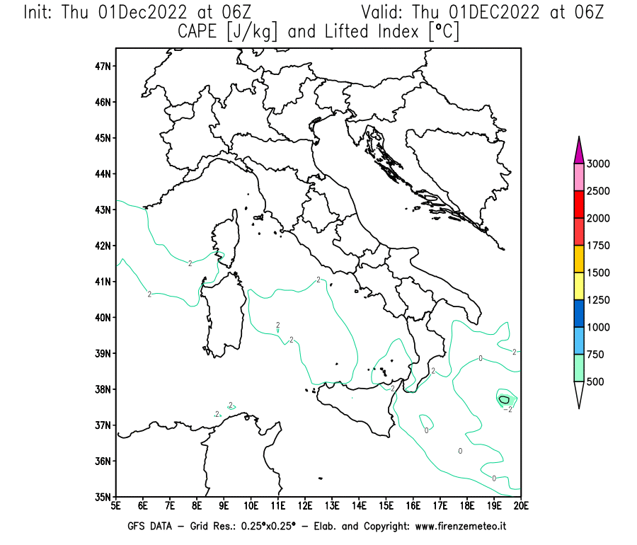 Mappa di analisi GFS - CAPE [J/kg] e Lifted Index [°C] in Italia
							del 01/12/2022 06 <!--googleoff: index-->UTC<!--googleon: index-->