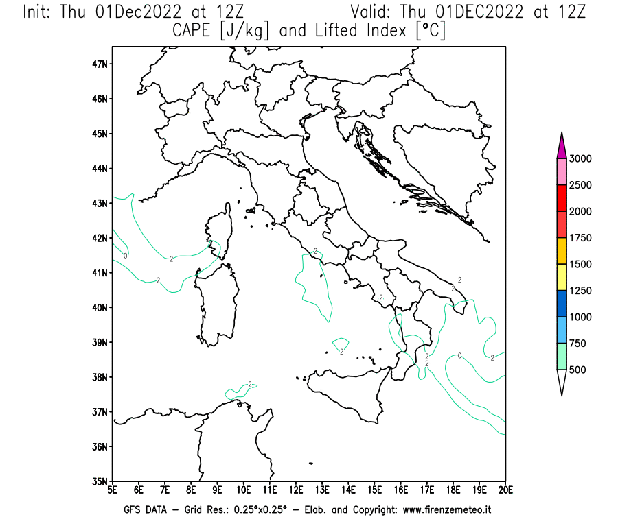 Mappa di analisi GFS - CAPE [J/kg] e Lifted Index [°C] in Italia
							del 01/12/2022 12 <!--googleoff: index-->UTC<!--googleon: index-->