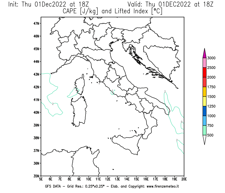 Mappa di analisi GFS - CAPE [J/kg] e Lifted Index [°C] in Italia
							del 01/12/2022 18 <!--googleoff: index-->UTC<!--googleon: index-->