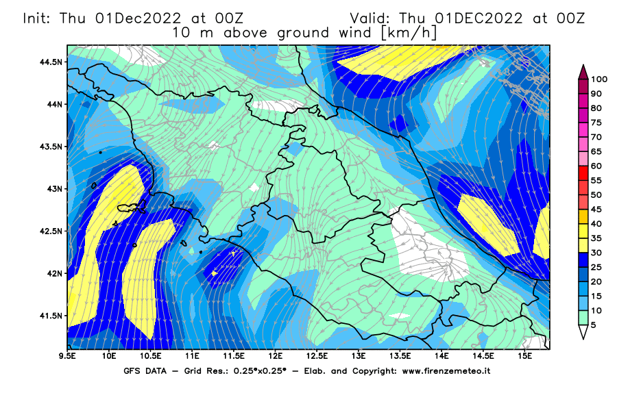 Mappa di analisi GFS - Velocità del vento a 10 metri dal suolo [km/h] in Centro-Italia
							del 01/12/2022 00 <!--googleoff: index-->UTC<!--googleon: index-->