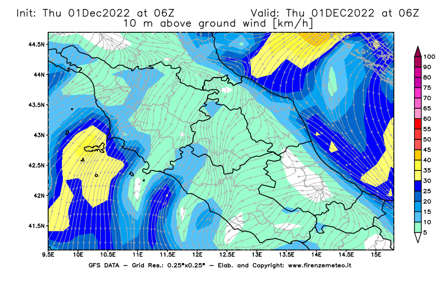 Mappa di analisi GFS - Velocità del vento a 10 metri dal suolo [km/h] in Centro-Italia
							del 01/12/2022 06 <!--googleoff: index-->UTC<!--googleon: index-->
