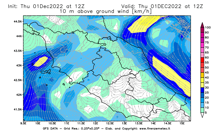 Mappa di analisi GFS - Velocità del vento a 10 metri dal suolo [km/h] in Centro-Italia
							del 01/12/2022 12 <!--googleoff: index-->UTC<!--googleon: index-->
