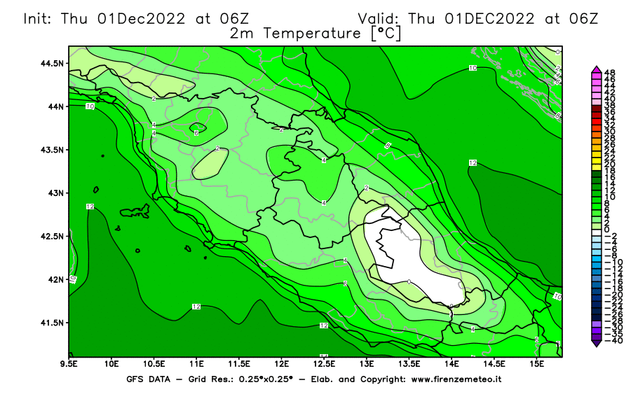 Mappa di analisi GFS - Temperatura a 2 metri dal suolo [°C] in Centro-Italia
							del 01/12/2022 06 <!--googleoff: index-->UTC<!--googleon: index-->