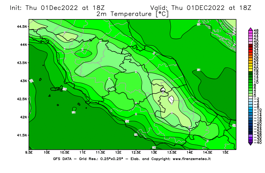 Mappa di analisi GFS - Temperatura a 2 metri dal suolo [°C] in Centro-Italia
							del 01/12/2022 18 <!--googleoff: index-->UTC<!--googleon: index-->