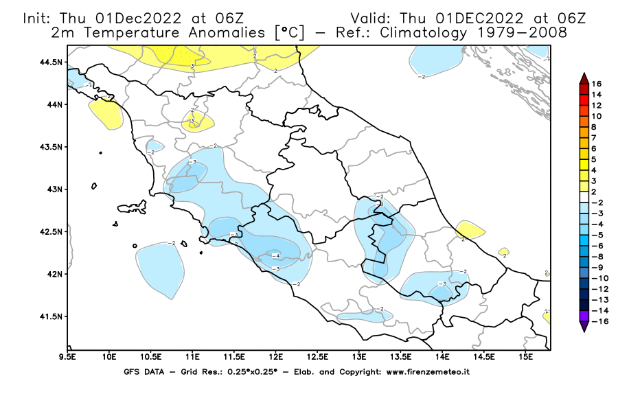 Mappa di analisi GFS - Anomalia Temperatura [°C] a 2 m in Centro-Italia
							del 01/12/2022 06 <!--googleoff: index-->UTC<!--googleon: index-->