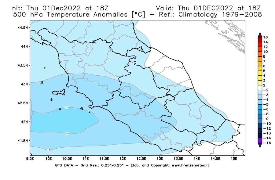 Mappa di analisi GFS - Anomalia Temperatura [°C] a 500 hPa in Centro-Italia
							del 01/12/2022 18 <!--googleoff: index-->UTC<!--googleon: index-->