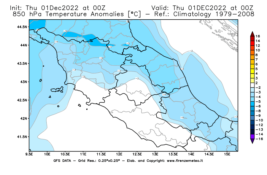 Mappa di analisi GFS - Anomalia Temperatura [°C] a 850 hPa in Centro-Italia
							del 01/12/2022 00 <!--googleoff: index-->UTC<!--googleon: index-->