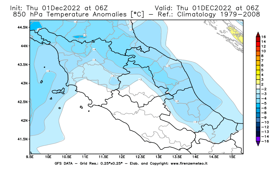 Mappa di analisi GFS - Anomalia Temperatura [°C] a 850 hPa in Centro-Italia
							del 01/12/2022 06 <!--googleoff: index-->UTC<!--googleon: index-->