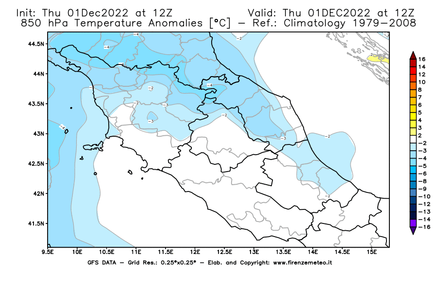 Mappa di analisi GFS - Anomalia Temperatura [°C] a 850 hPa in Centro-Italia
							del 01/12/2022 12 <!--googleoff: index-->UTC<!--googleon: index-->