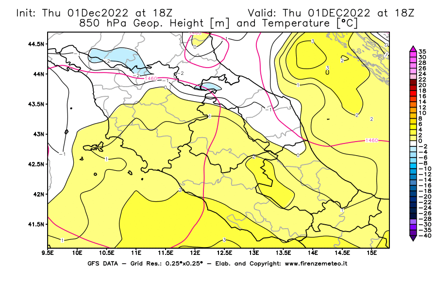 Mappa di analisi GFS - Geopotenziale [m] e Temperatura [°C] a 850 hPa in Centro-Italia
							del 01/12/2022 18 <!--googleoff: index-->UTC<!--googleon: index-->