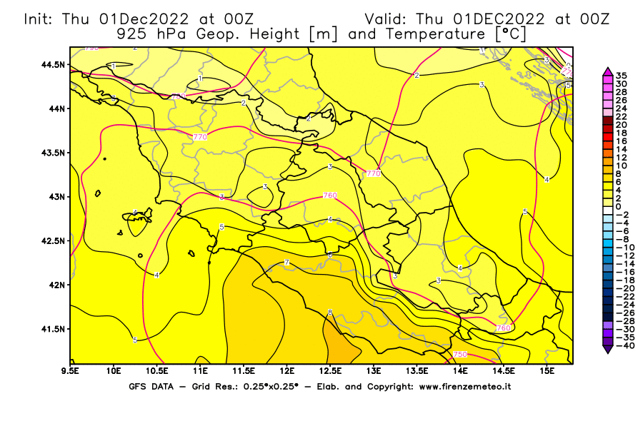 Mappa di analisi GFS - Geopotenziale [m] e Temperatura [°C] a 925 hPa in Centro-Italia
							del 01/12/2022 00 <!--googleoff: index-->UTC<!--googleon: index-->