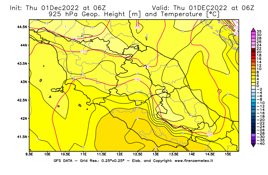 Mappa di analisi GFS - Geopotenziale [m] e Temperatura [°C] a 925 hPa in Centro-Italia
							del 01/12/2022 06 <!--googleoff: index-->UTC<!--googleon: index-->