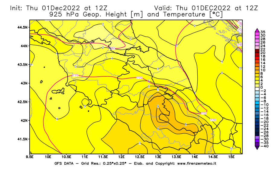 Mappa di analisi GFS - Geopotenziale [m] e Temperatura [°C] a 925 hPa in Centro-Italia
							del 01/12/2022 12 <!--googleoff: index-->UTC<!--googleon: index-->