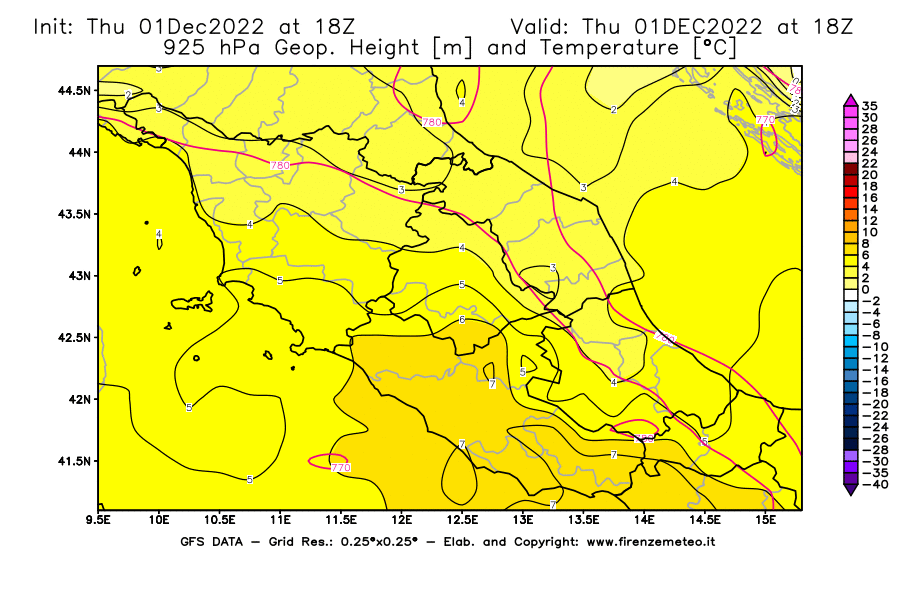Mappa di analisi GFS - Geopotenziale [m] e Temperatura [°C] a 925 hPa in Centro-Italia
							del 01/12/2022 18 <!--googleoff: index-->UTC<!--googleon: index-->