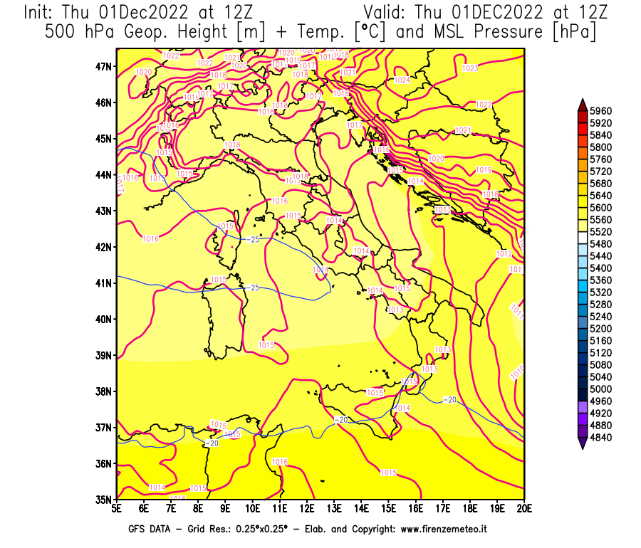 Mappa di analisi GFS - Geopotenziale [m] + Temp. [°C] a 500 hPa + Press. a livello del mare [hPa] in Italia
							del 01/12/2022 12 <!--googleoff: index-->UTC<!--googleon: index-->