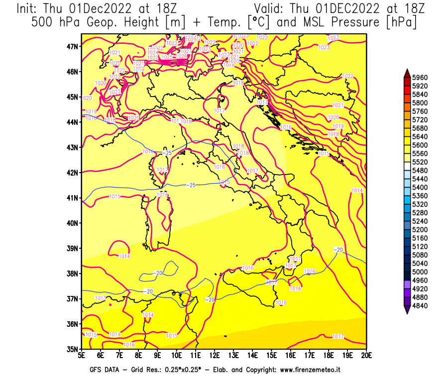 Mappa di analisi GFS - Geopotenziale [m] + Temp. [°C] a 500 hPa + Press. a livello del mare [hPa] in Italia
							del 01/12/2022 18 <!--googleoff: index-->UTC<!--googleon: index-->