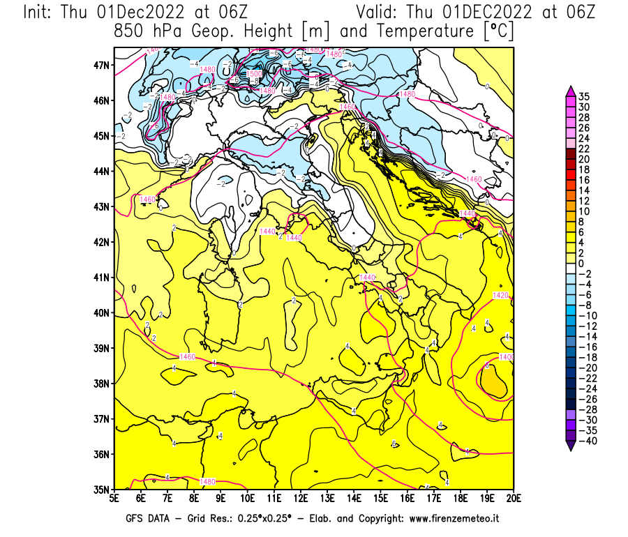 Mappa di analisi GFS - Geopotenziale [m] e Temperatura [°C] a 850 hPa in Italia
							del 01/12/2022 06 <!--googleoff: index-->UTC<!--googleon: index-->