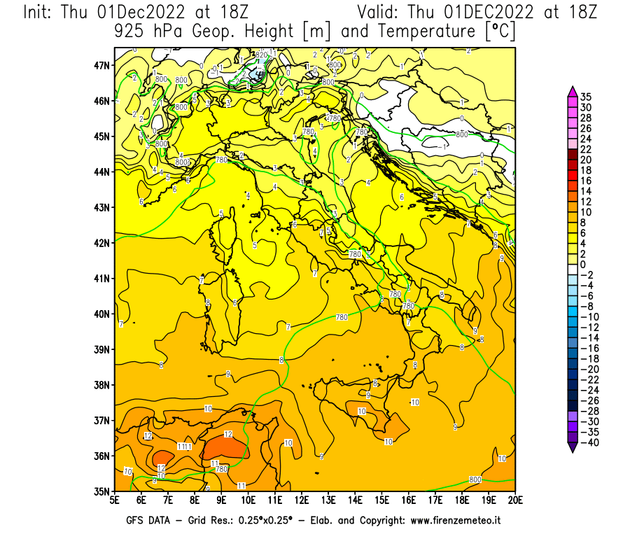 Mappa di analisi GFS - Geopotenziale [m] e Temperatura [°C] a 925 hPa in Italia
							del 01/12/2022 18 <!--googleoff: index-->UTC<!--googleon: index-->
