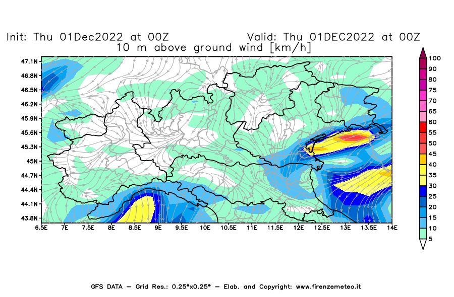 Mappa di analisi GFS - Velocità del vento a 10 metri dal suolo [km/h] in Nord-Italia
							del 01/12/2022 00 <!--googleoff: index-->UTC<!--googleon: index-->