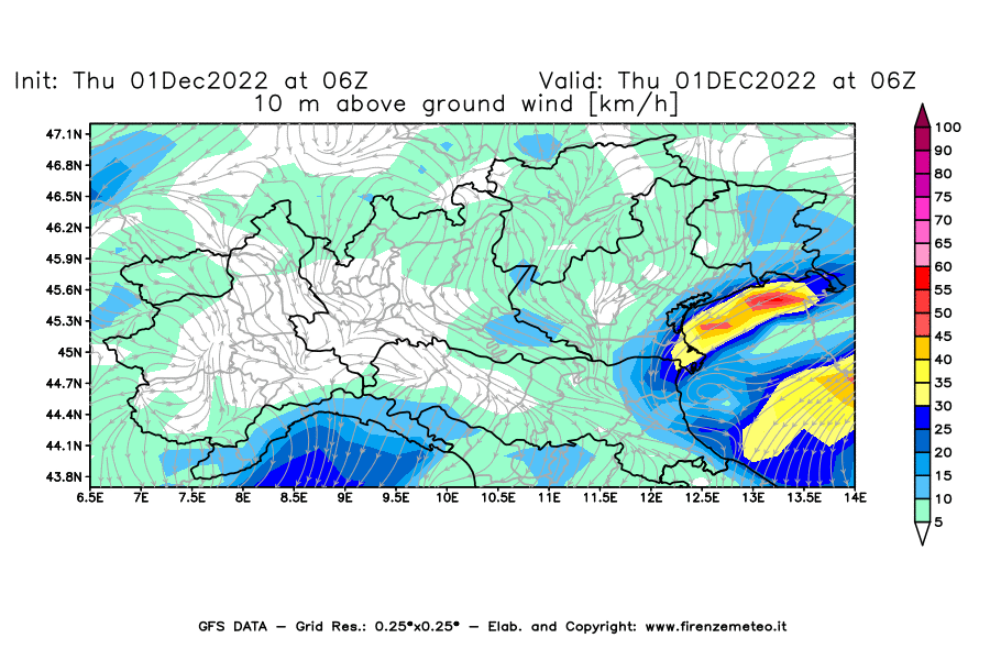Mappa di analisi GFS - Velocità del vento a 10 metri dal suolo [km/h] in Nord-Italia
							del 01/12/2022 06 <!--googleoff: index-->UTC<!--googleon: index-->