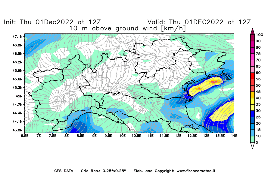 Mappa di analisi GFS - Velocità del vento a 10 metri dal suolo [km/h] in Nord-Italia
							del 01/12/2022 12 <!--googleoff: index-->UTC<!--googleon: index-->