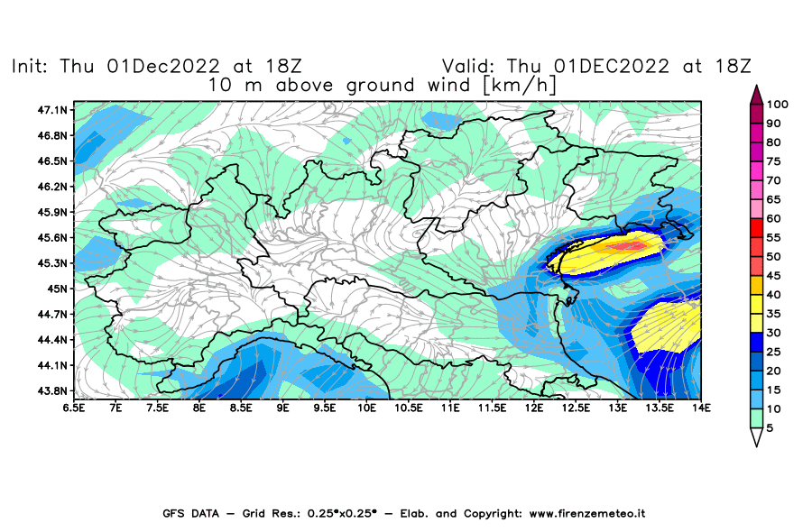 Mappa di analisi GFS - Velocità del vento a 10 metri dal suolo [km/h] in Nord-Italia
							del 01/12/2022 18 <!--googleoff: index-->UTC<!--googleon: index-->
